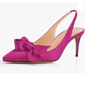 YDN Fuchsia Pointed Toe Bow Slingback Slip on Pumps Stiletto Heels Evening Shoes